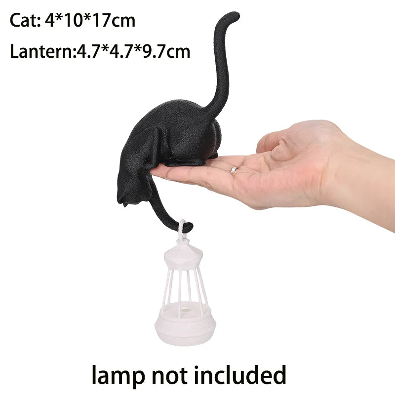 Cat Shelf Hook with Lantern Figurine - Decorative Night Light for Home and Bedroom Desk Ornament