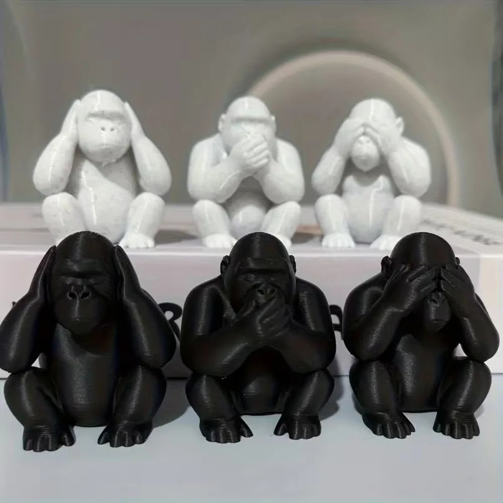 Three-Piece Monkey Statue Ornament Set: Half-Squat Design Featuring No Wait, No Look, No Listen, No Say Themes