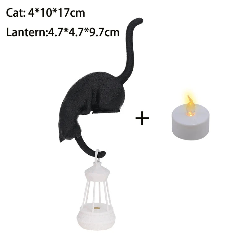 Cat Shelf Hook with Lantern Figurine - Decorative Night Light for Home and Bedroom Desk Ornament