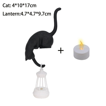 Cat Shelf Hook with Lantern Figurine - Decorative Night Light for Home and Bedroom Desk Ornament
