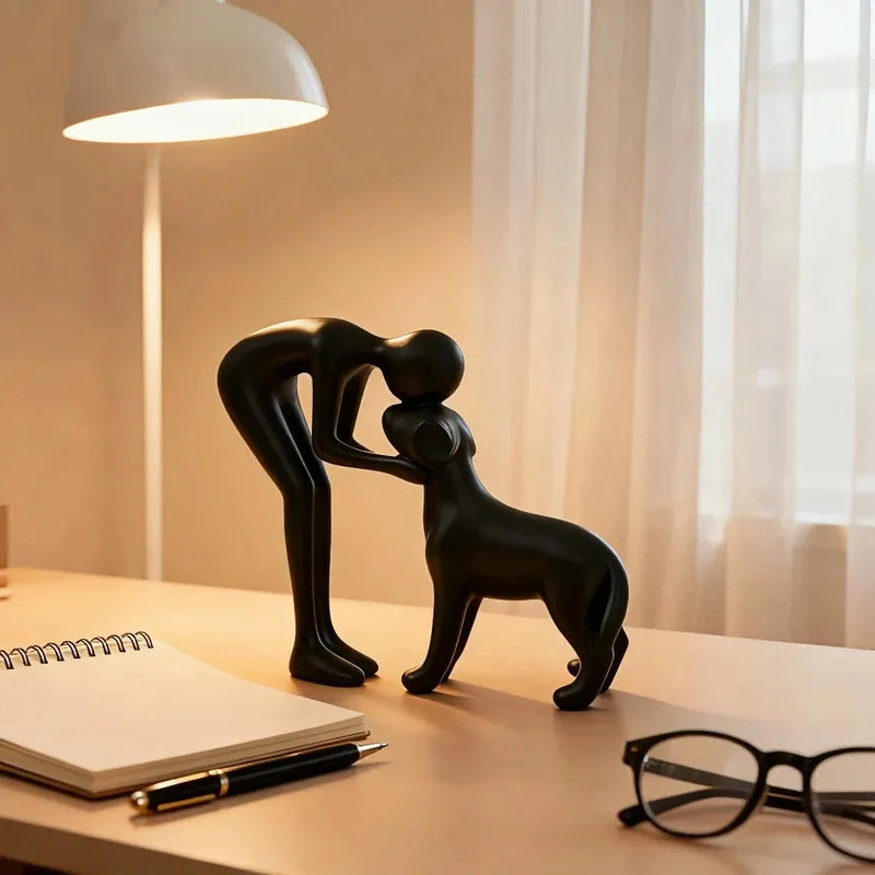 Abstract Art Sculpture of Man and Dog in Black Resin - Healing Home Decor Accent for Pet Enthusiasts