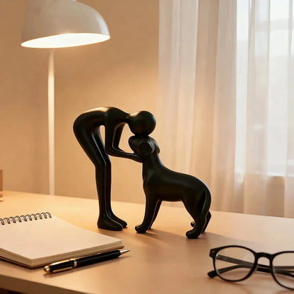 Abstract Art Sculpture of Man and Dog in Black Resin - Healing Home Decor Accent for Pet Enthusiasts