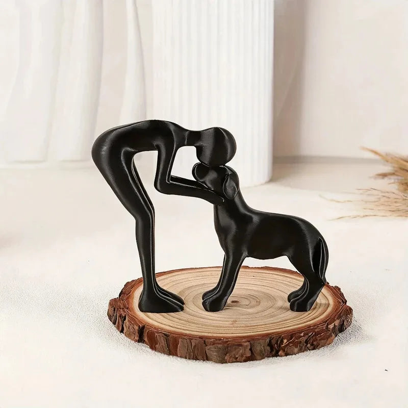 Abstract Art Sculpture of Man and Dog in Black Resin - Healing Home Decor Accent for Pet Enthusiasts