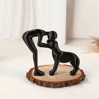 Abstract Art Sculpture of Man and Dog in Black Resin - Healing Home Decor Accent for Pet Enthusiasts