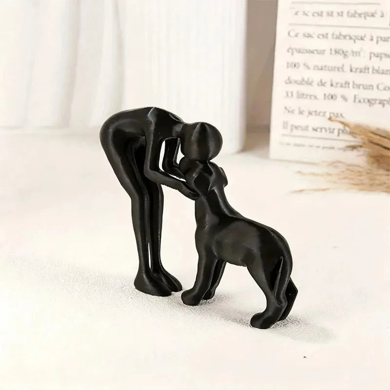 Abstract Art Sculpture of Man and Dog in Black Resin - Healing Home Decor Accent for Pet Enthusiasts