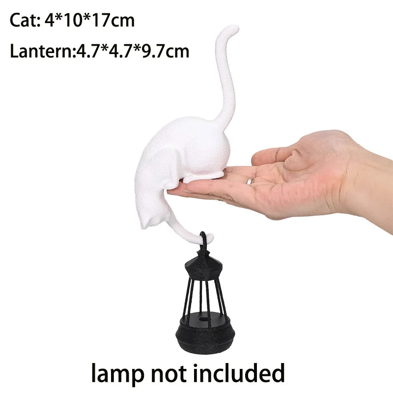 Cat Shelf Hook with Lantern Figurine - Decorative Night Light for Home and Bedroom Desk Ornament