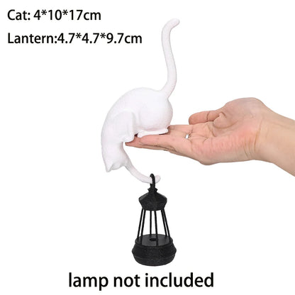 Cat Shelf Hook with Lantern Figurine - Decorative Night Light for Home and Bedroom Desk Ornament
