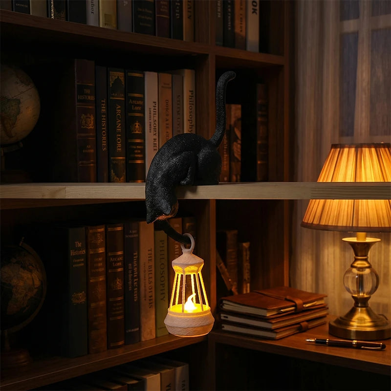Cat Shelf Hook with Lantern Figurine - Decorative Night Light for Home and Bedroom Desk Ornament