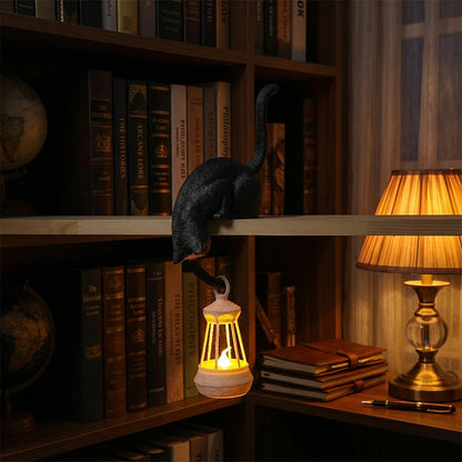 Cat Shelf Hook with Lantern Figurine - Decorative Night Light for Home and Bedroom Desk Ornament