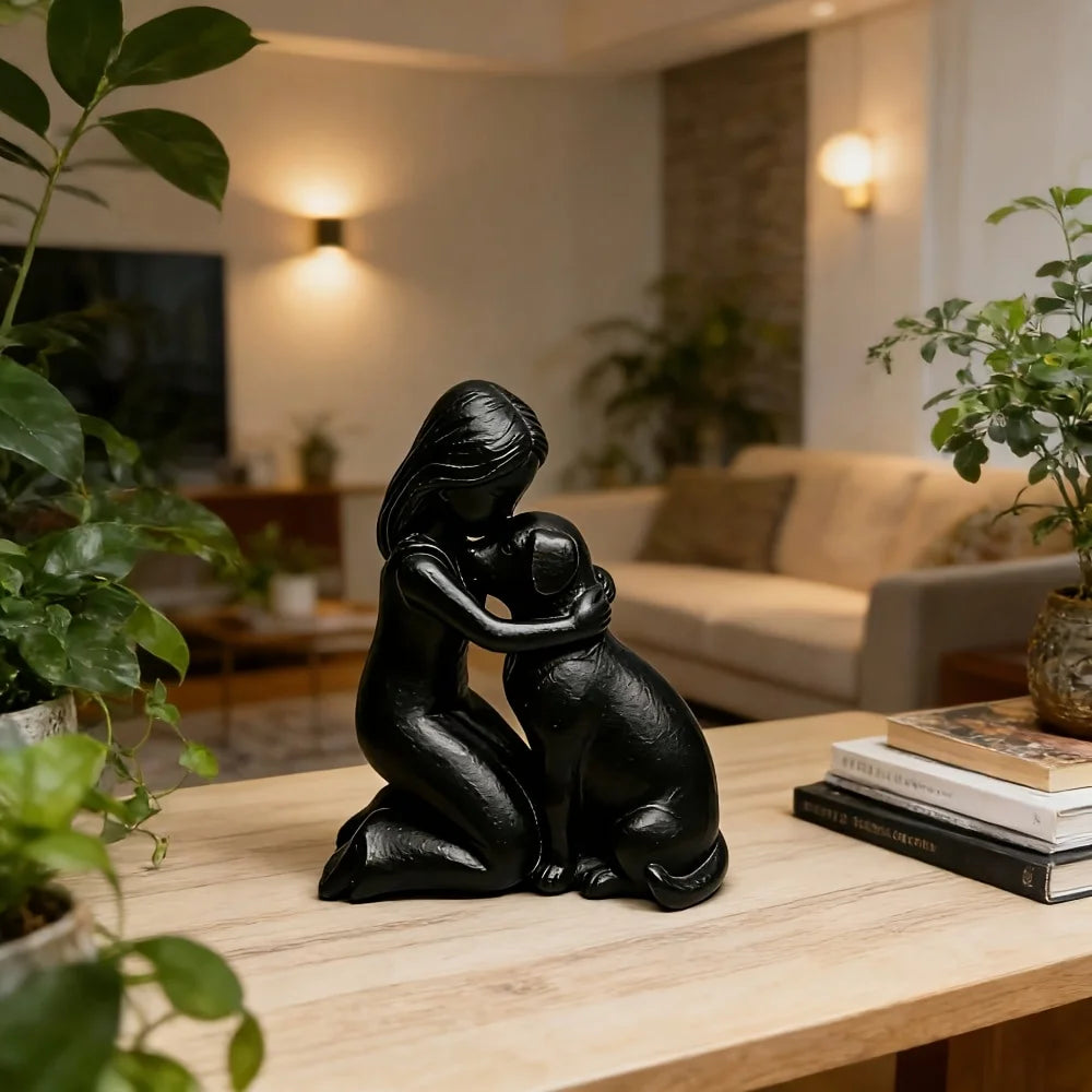 Friendship Sculpture Featuring a Young Girl and Puppy, Ideal for Home Office, Study, Bookshelf, Living Room, and Pet Enthusiast Gift