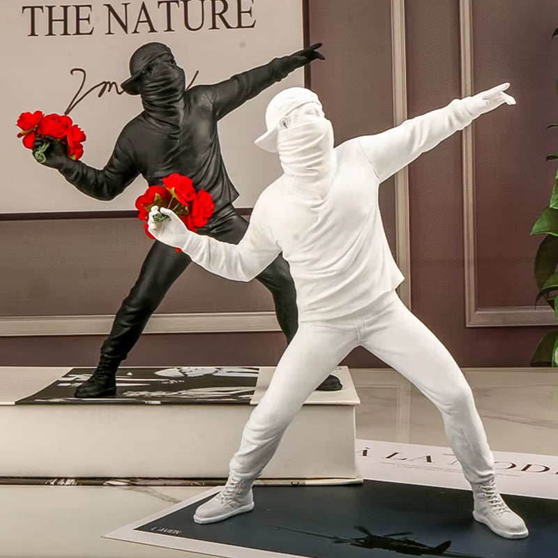 Banksy-Inspired Resin Flower Thrower Statue - Modern Home Decor Collectible Sculpture