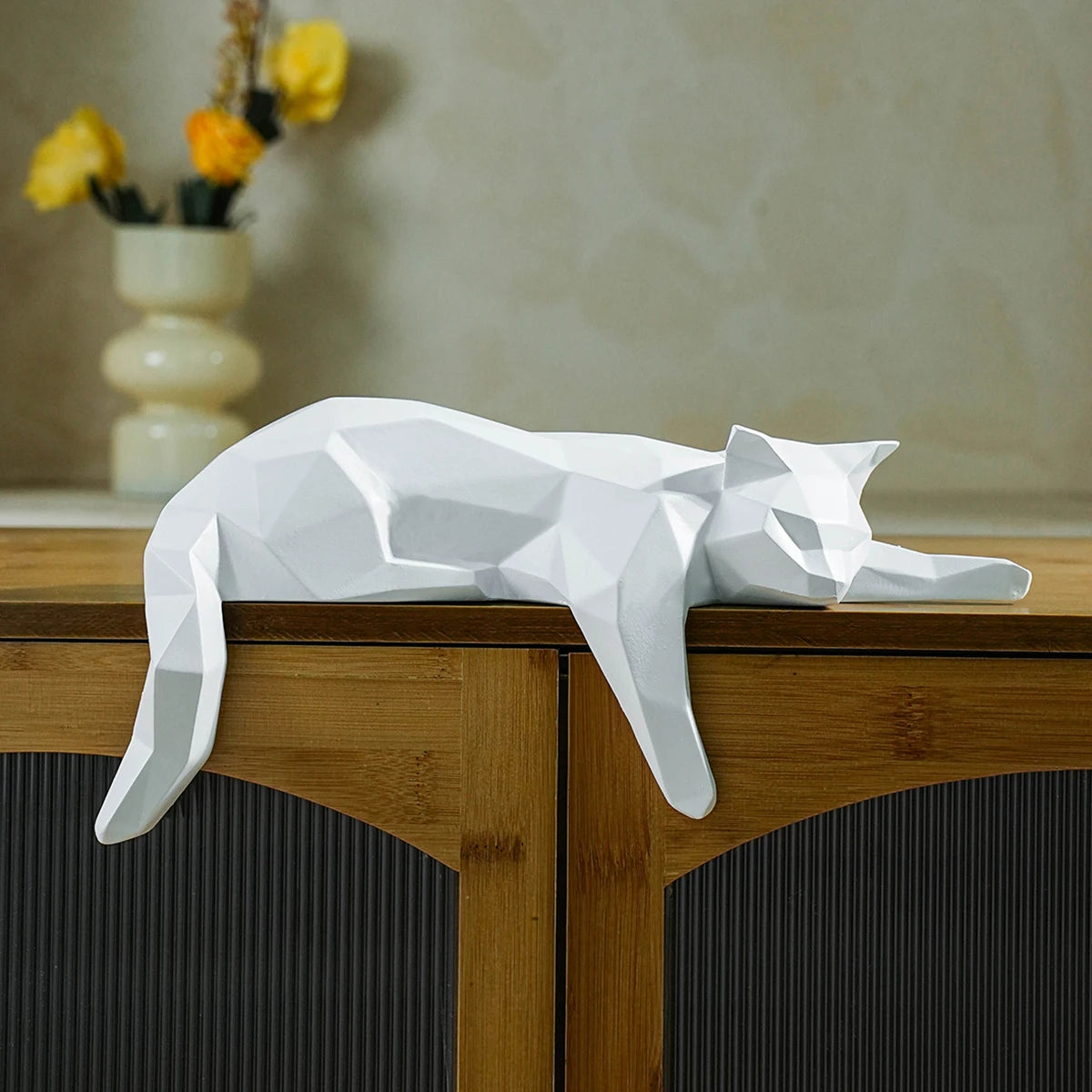 Geometric White and Black Cat Figurine - Modern Room Decor Sculpture for Home Office and Desk Display