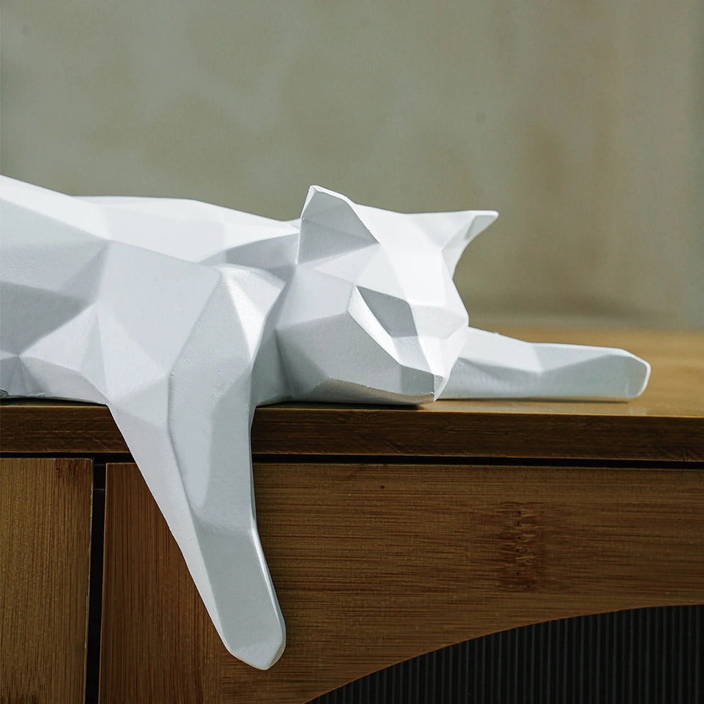Geometric White and Black Cat Figurine - Modern Room Decor Sculpture for Home Office and Desk Display