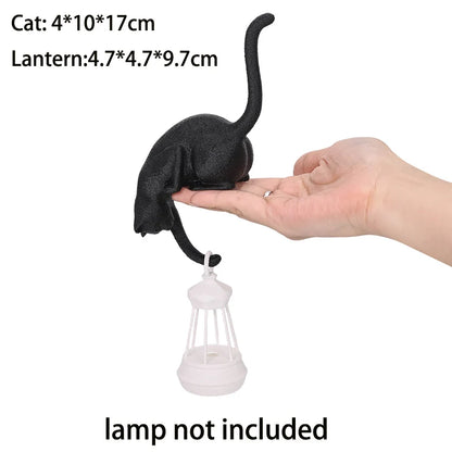 Cat Shelf Hook with Lantern Figurine - Decorative Night Light for Home and Bedroom Desk Ornament