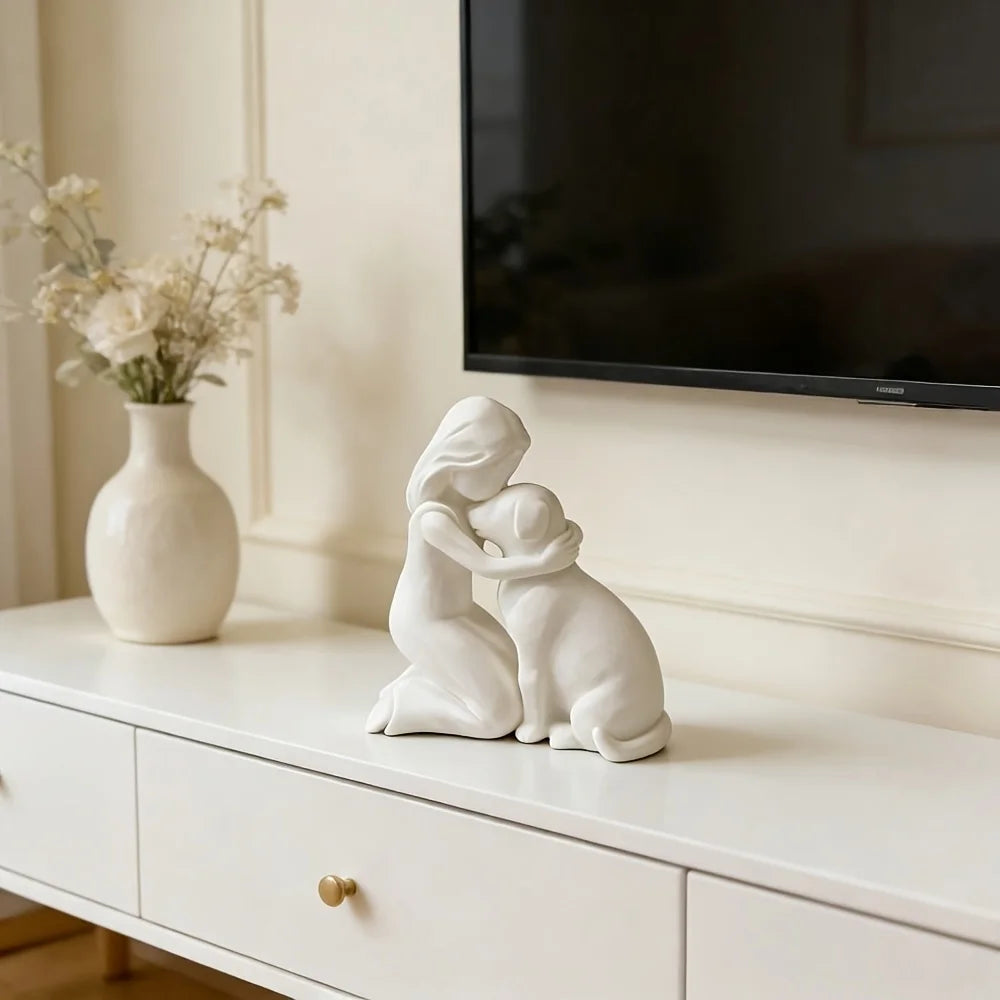 Friendship Sculpture Featuring a Young Girl and Puppy, Ideal for Home Office, Study, Bookshelf, Living Room, and Pet Enthusiast Gift