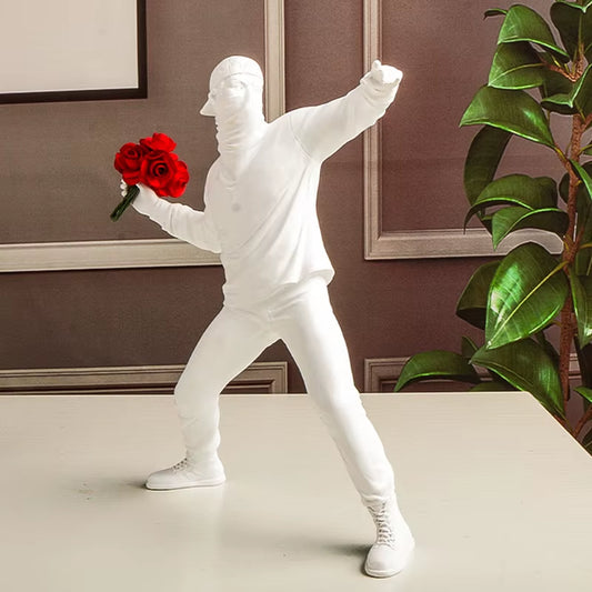 Banksy-Inspired Resin Flower Thrower Statue - Modern Home Decor Collectible Sculpture