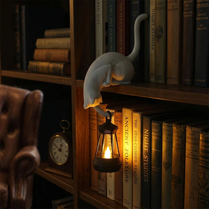 Cat Shelf Hook with Lantern Figurine - Decorative Night Light for Home and Bedroom Desk Ornament