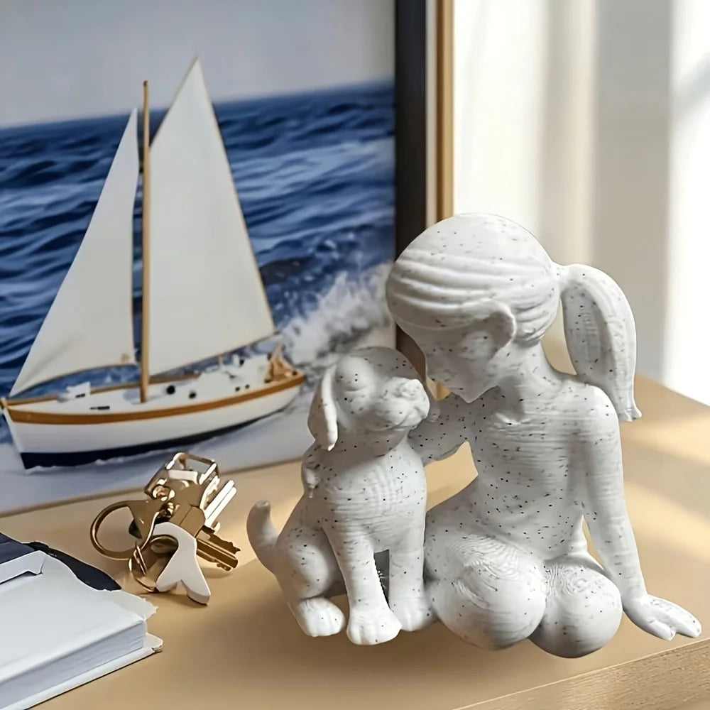 Elegant Sculpture of a Girl with Her Puppy - Charming Décor for Living Room and Office, Ideal Commemorative Gift for Pet Lovers