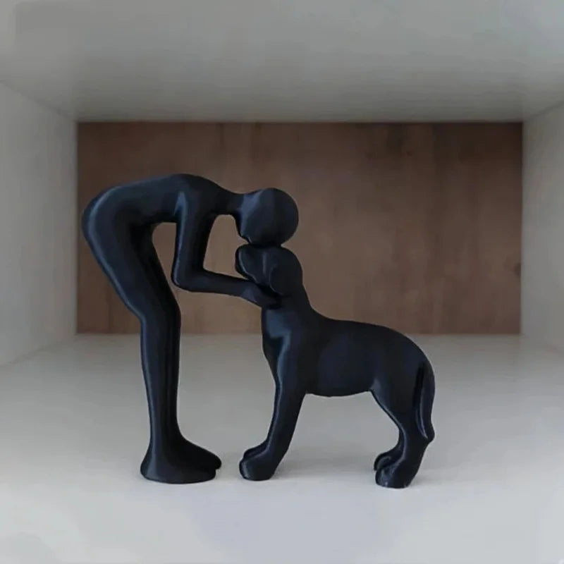 Abstract Art Sculpture of Man and Dog in Black Resin - Healing Home Decor Accent for Pet Enthusiasts