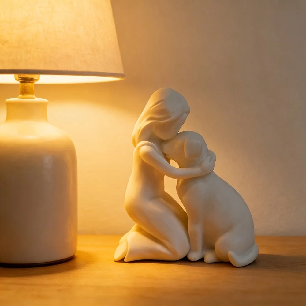 Friendship Sculpture Featuring a Young Girl and Puppy, Ideal for Home Office, Study, Bookshelf, Living Room, and Pet Enthusiast Gift