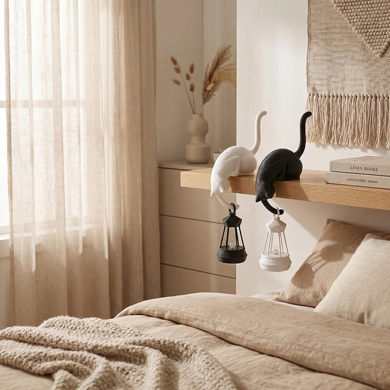 Cat Shelf Hook with Lantern Figurine - Decorative Night Light for Home and Bedroom Desk Ornament