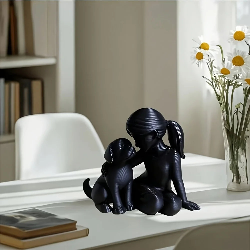 Elegant Sculpture of a Girl with Her Puppy - Charming Décor for Living Room and Office, Ideal Commemorative Gift for Pet Lovers