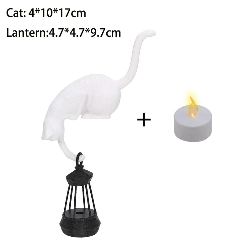 Cat Shelf Hook with Lantern Figurine - Decorative Night Light for Home and Bedroom Desk Ornament