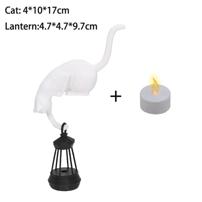 Cat Shelf Hook with Lantern Figurine - Decorative Night Light for Home and Bedroom Desk Ornament