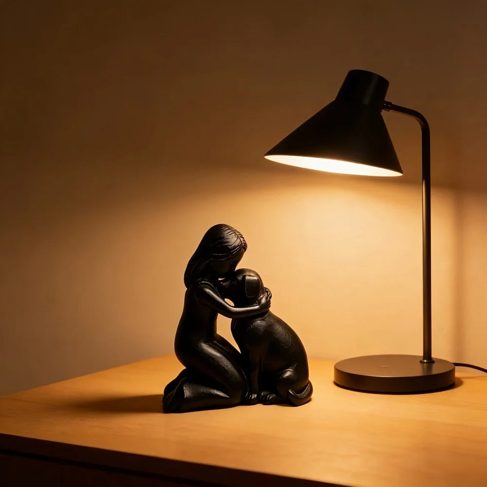 Friendship Sculpture Featuring a Young Girl and Puppy, Ideal for Home Office, Study, Bookshelf, Living Room, and Pet Enthusiast Gift