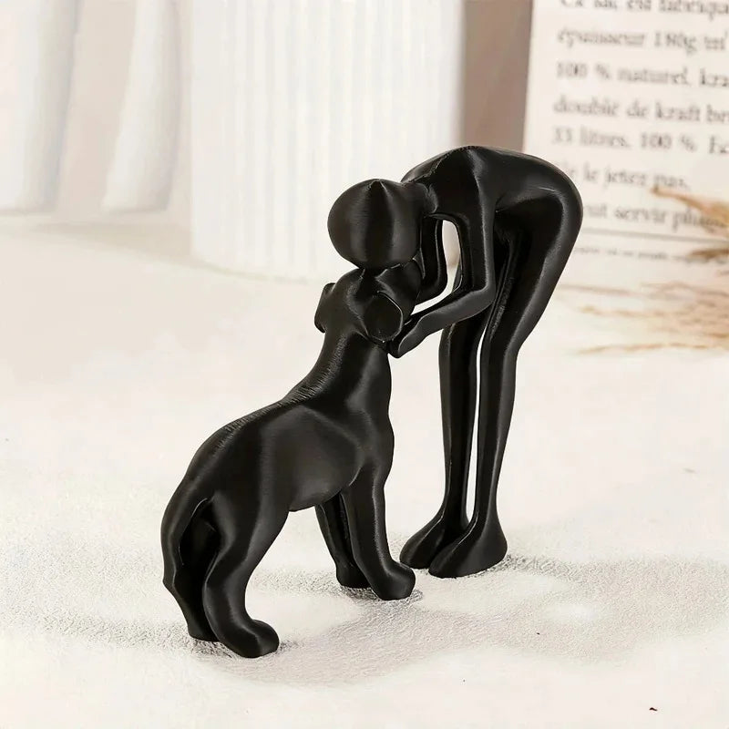 Abstract Art Sculpture of Man and Dog in Black Resin - Healing Home Decor Accent for Pet Enthusiasts