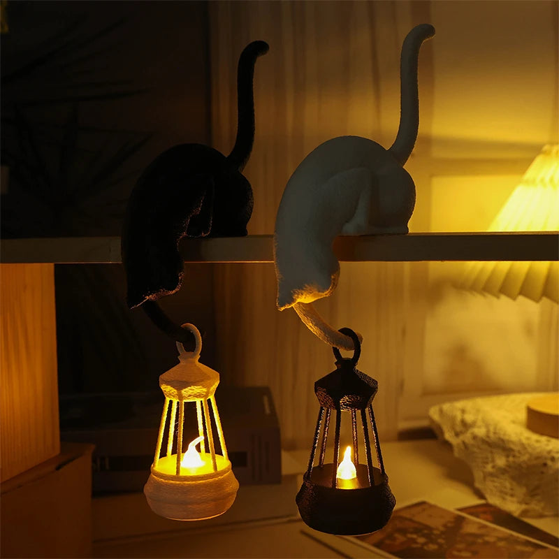 Cat Shelf Hook with Lantern Figurine - Decorative Night Light for Home and Bedroom Desk Ornament
