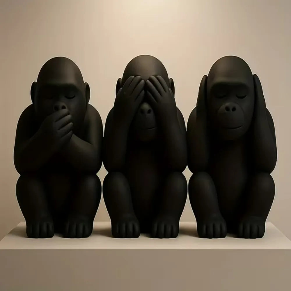 Three-Piece Monkey Statue Ornament Set: Half-Squat Design Featuring No Wait, No Look, No Listen, No Say Themes