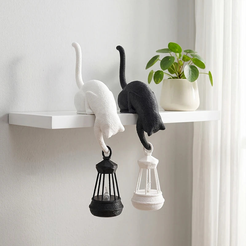 Cat Shelf Hook with Lantern Figurine - Decorative Night Light for Home and Bedroom Desk Ornament