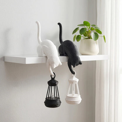 Cat Shelf Hook with Lantern Figurine - Decorative Night Light for Home and Bedroom Desk Ornament
