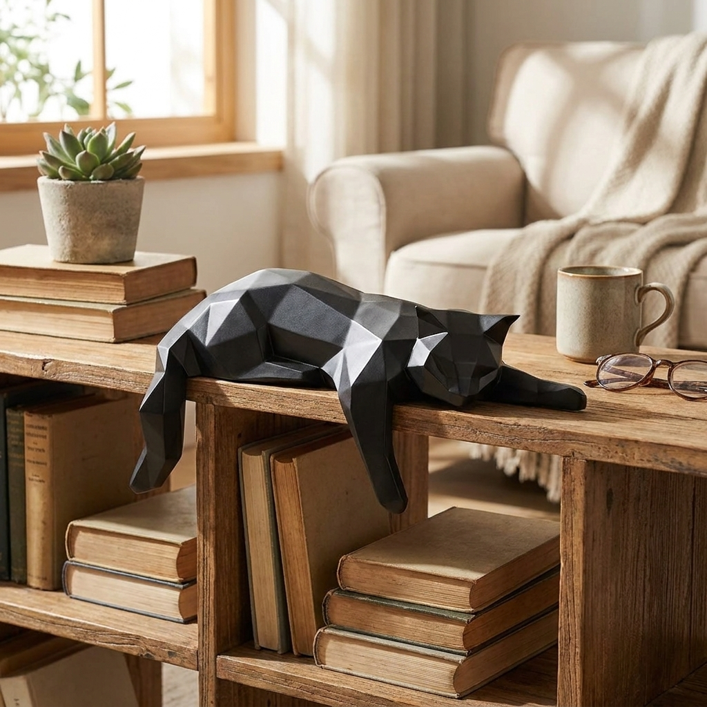 Geometric White and Black Cat Figurine