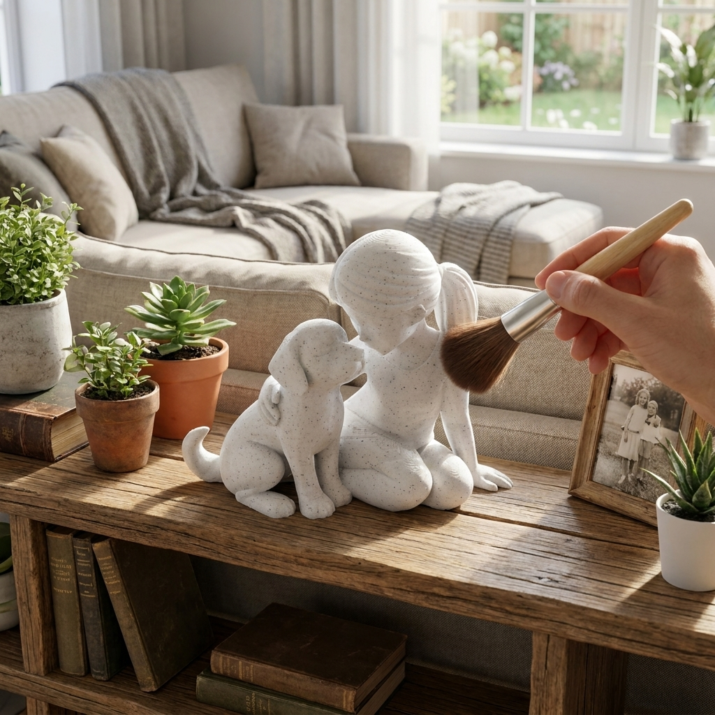 Elegant Sculpture of a Girl with Her Puppy