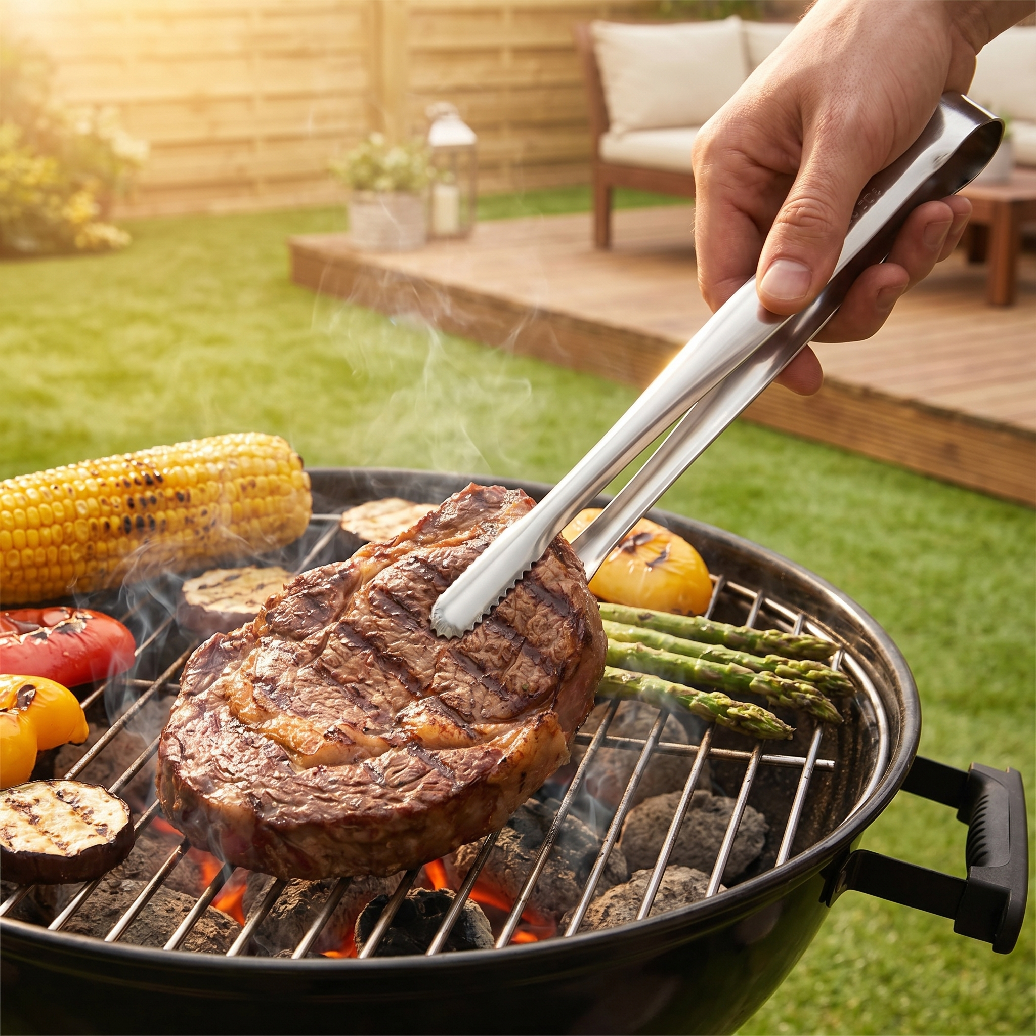 Stainless Steel Grill Tongs in use on a barbecue