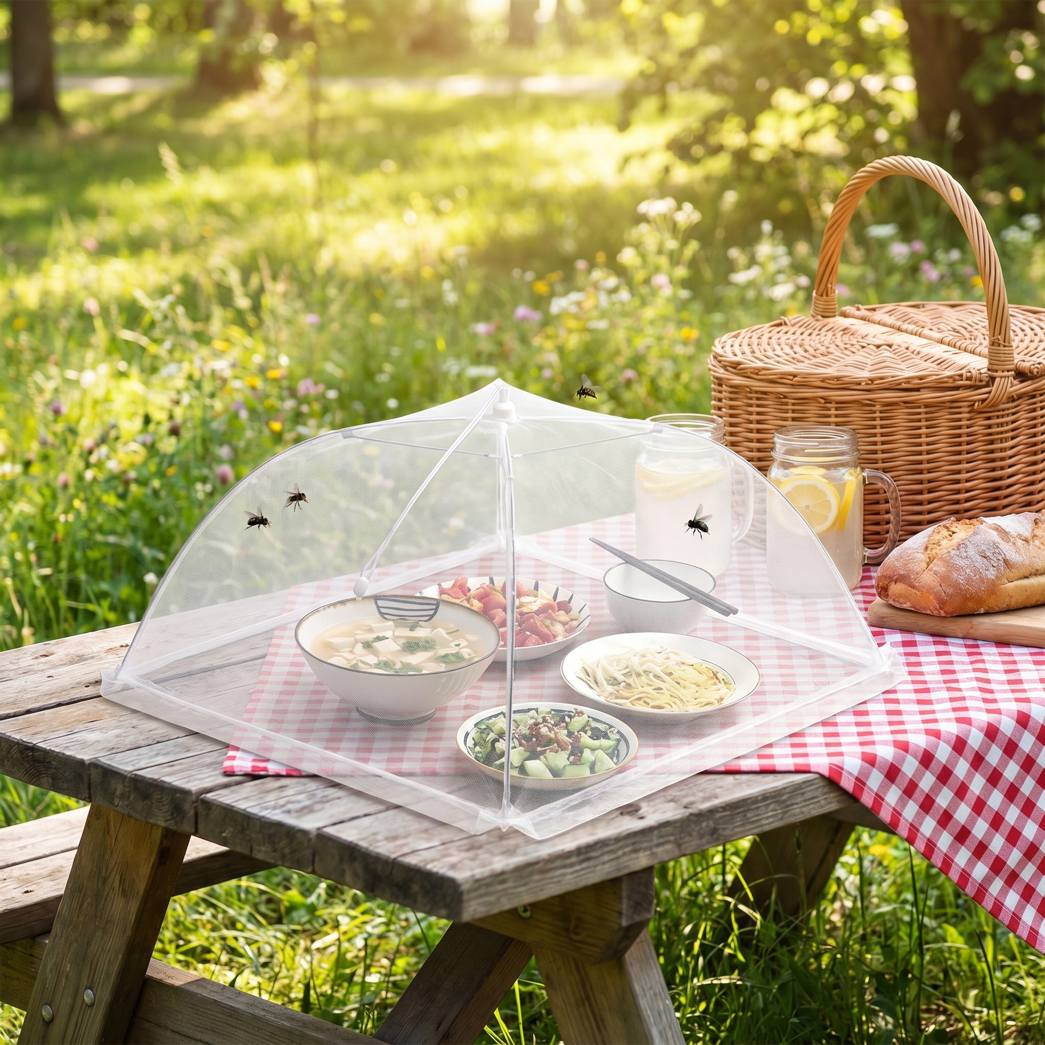 Folding Mesh Food Cover over a plate of food outdoors