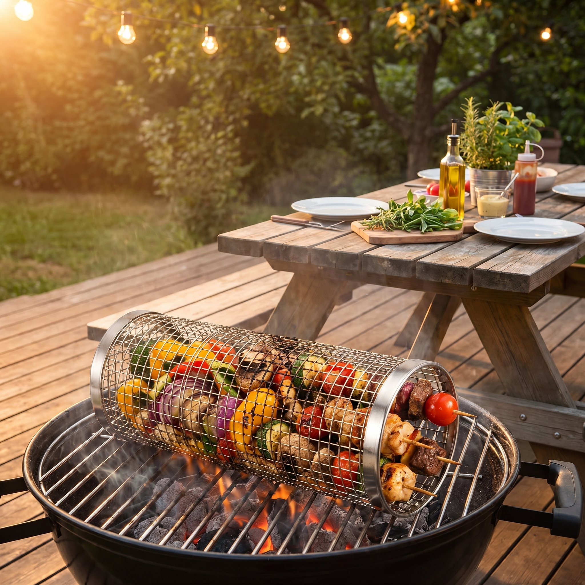 BBQ Grill Basket with grilled vegetables on a barbecue