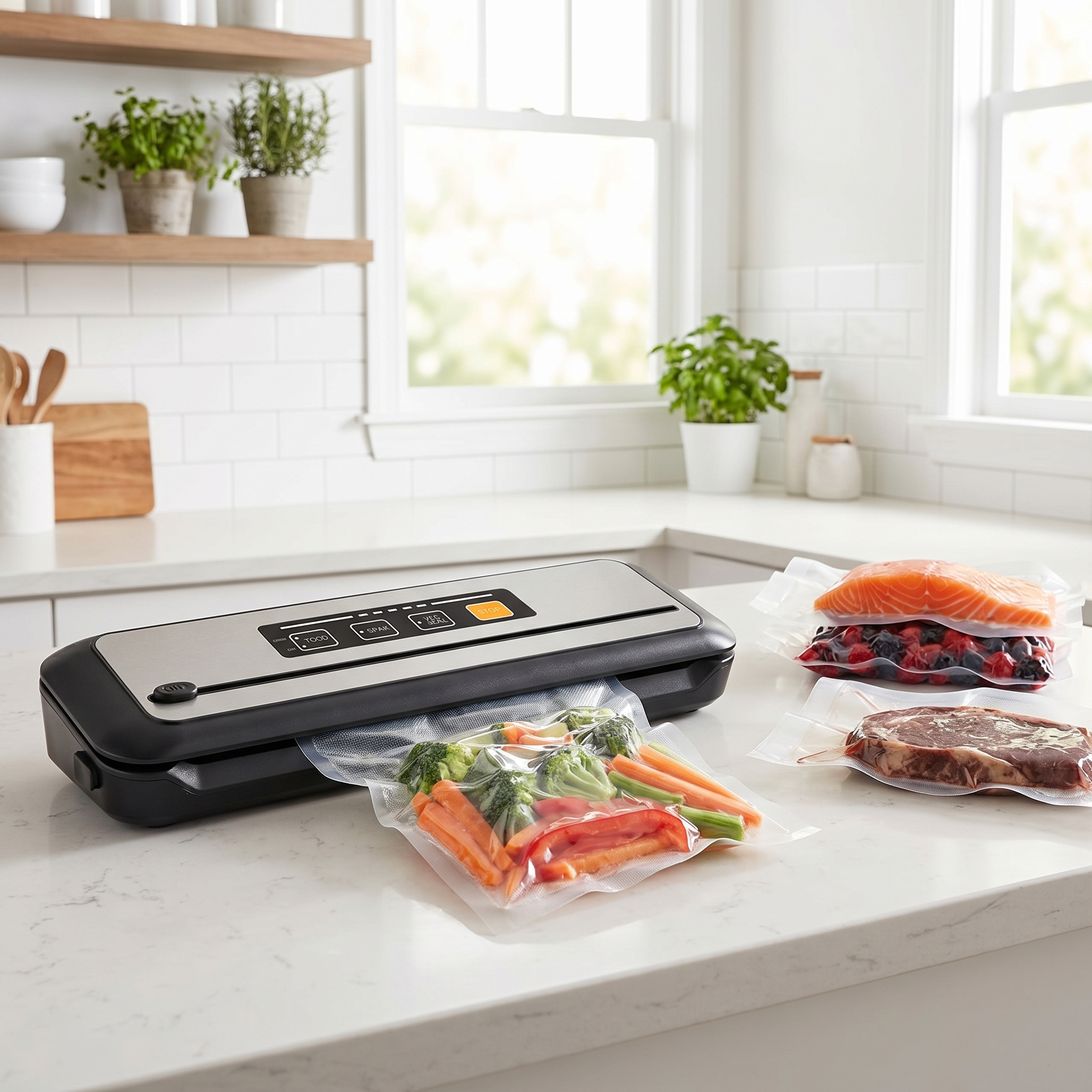 Electric Vacuum Sealer sealing fresh vegetables