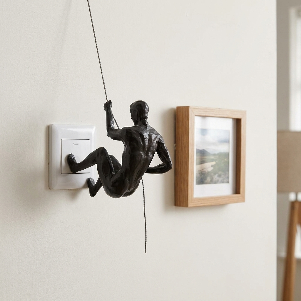 Climbing Man Wall Sculpture, true-to-size next to a light switch and picture frame