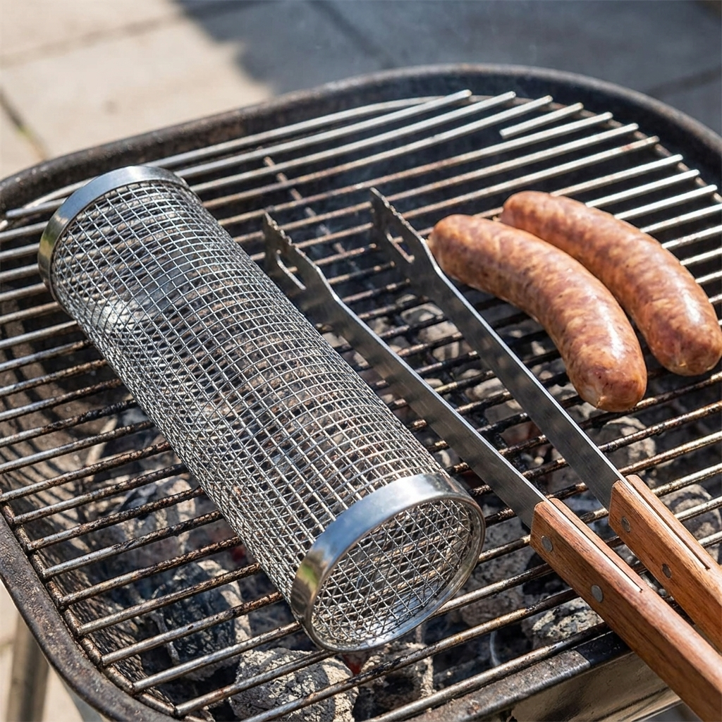 BBQ Grill Basket shown at true size on a barbecue grill next to sausages