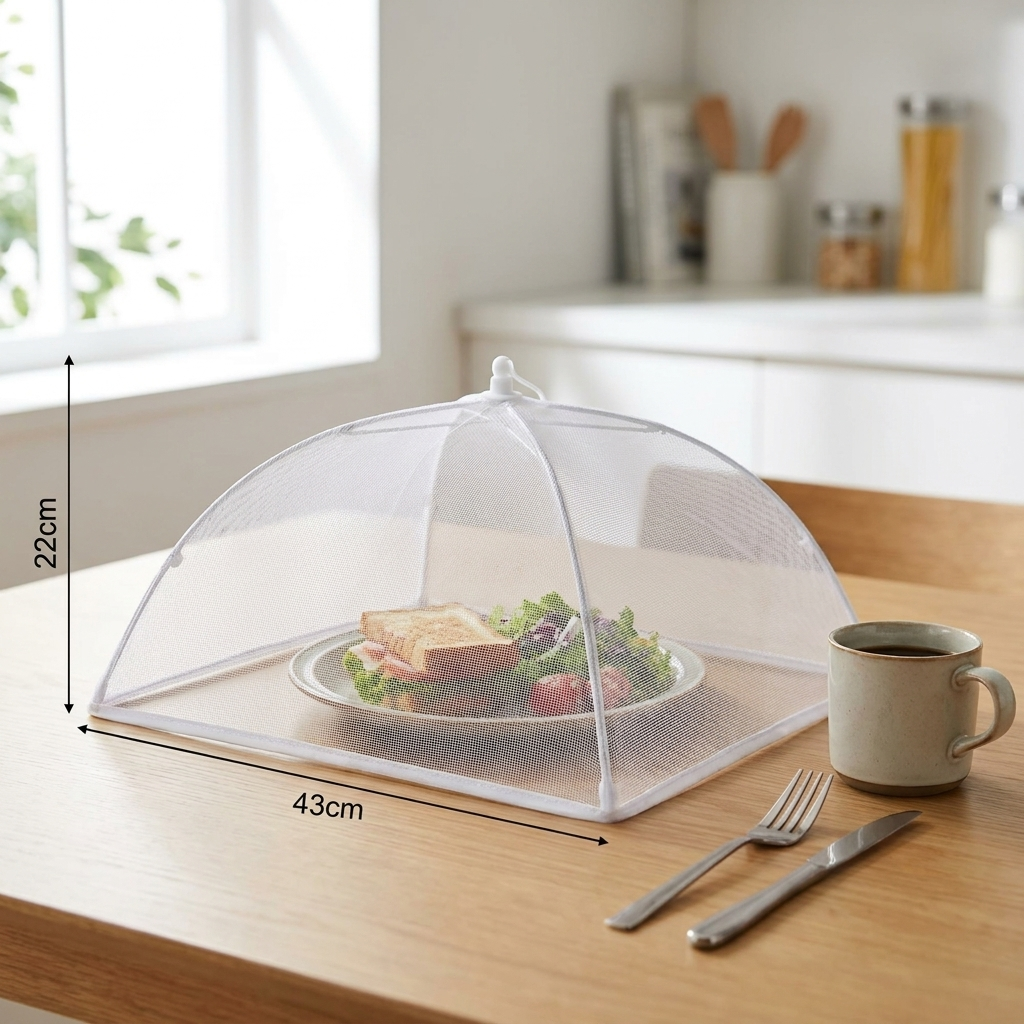 Folding Mesh Food Cover shown at true size over a plate on a dining table