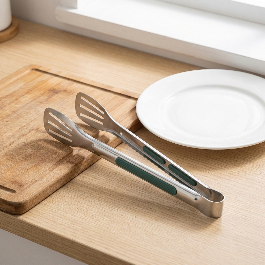 Non-Slip Stainless Steel Food Tongs shown at true size on a kitchen counter