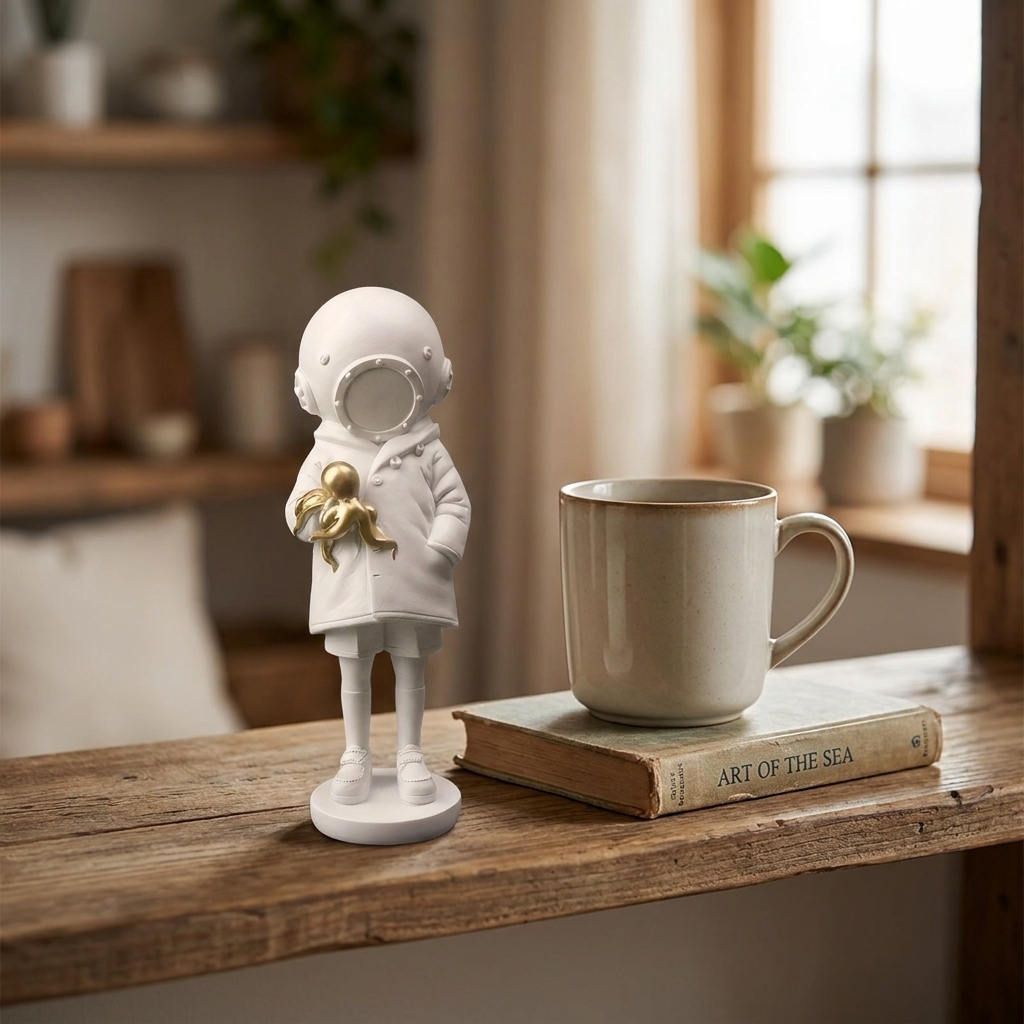 Banksy Deepsea Girl Figurine shown at true tabletop scale next to a coffee mug