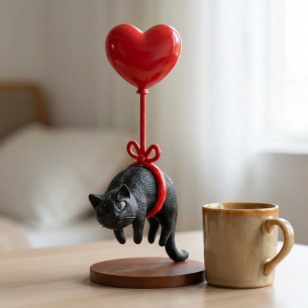 Floating Cat with Heart Balloon Statue - detail