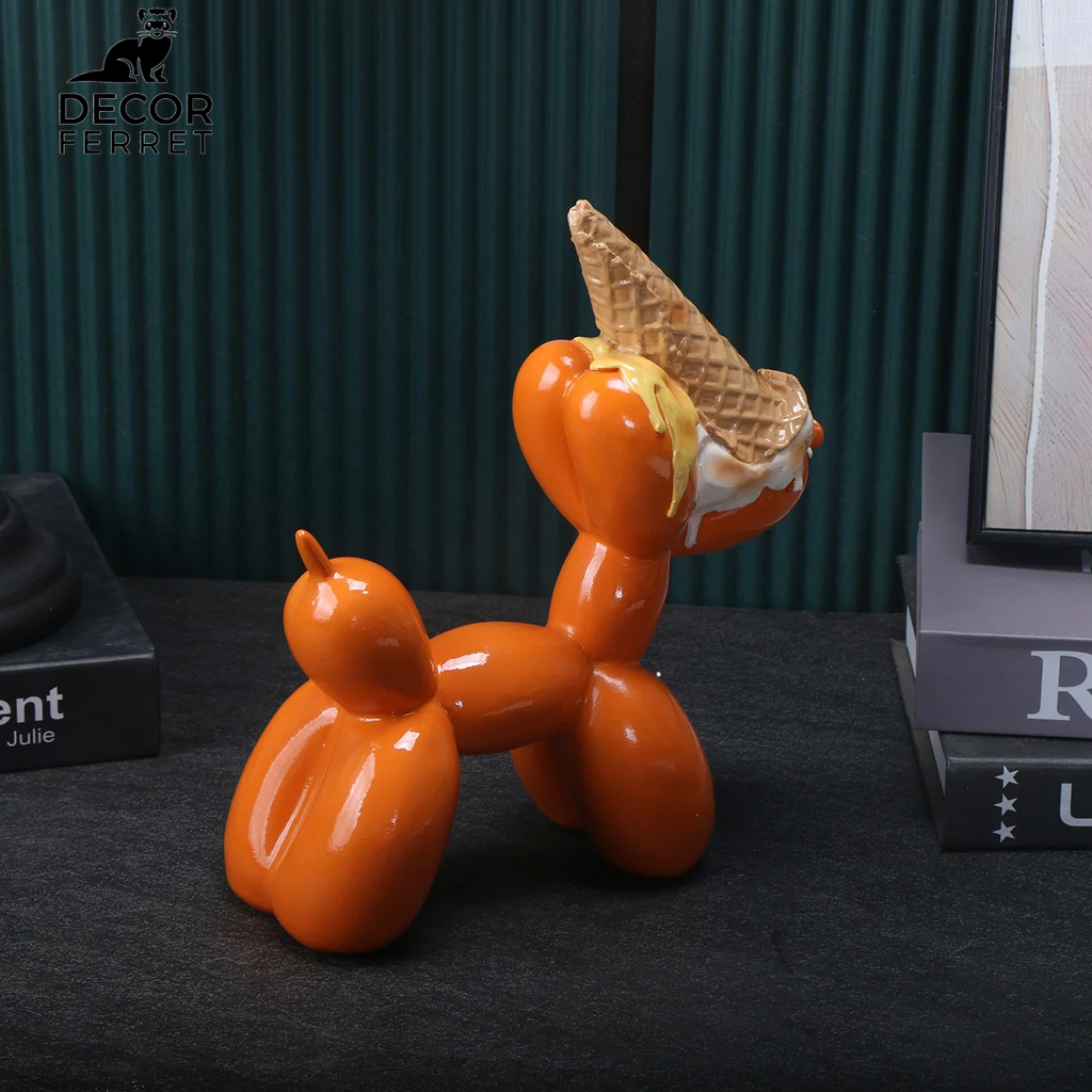 Balloon Dog Sculpture with Icecream Cone & Cake Design, Creative Bull Statue for Home Decor