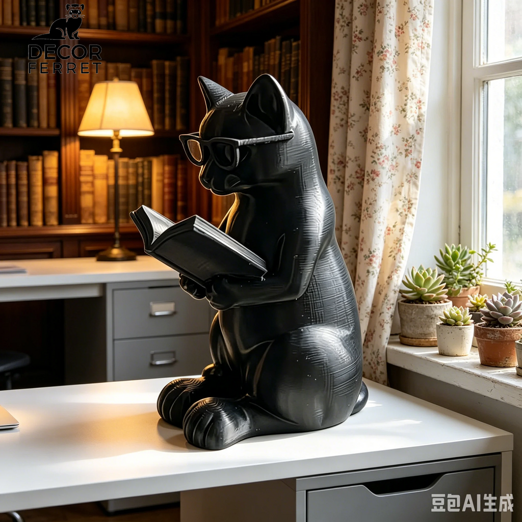 2026 Newest 3D Printed Reading Cat Figurine with Glasses Book Lover Desktop Statue Modern Home Office Bookshelf Decor Gift