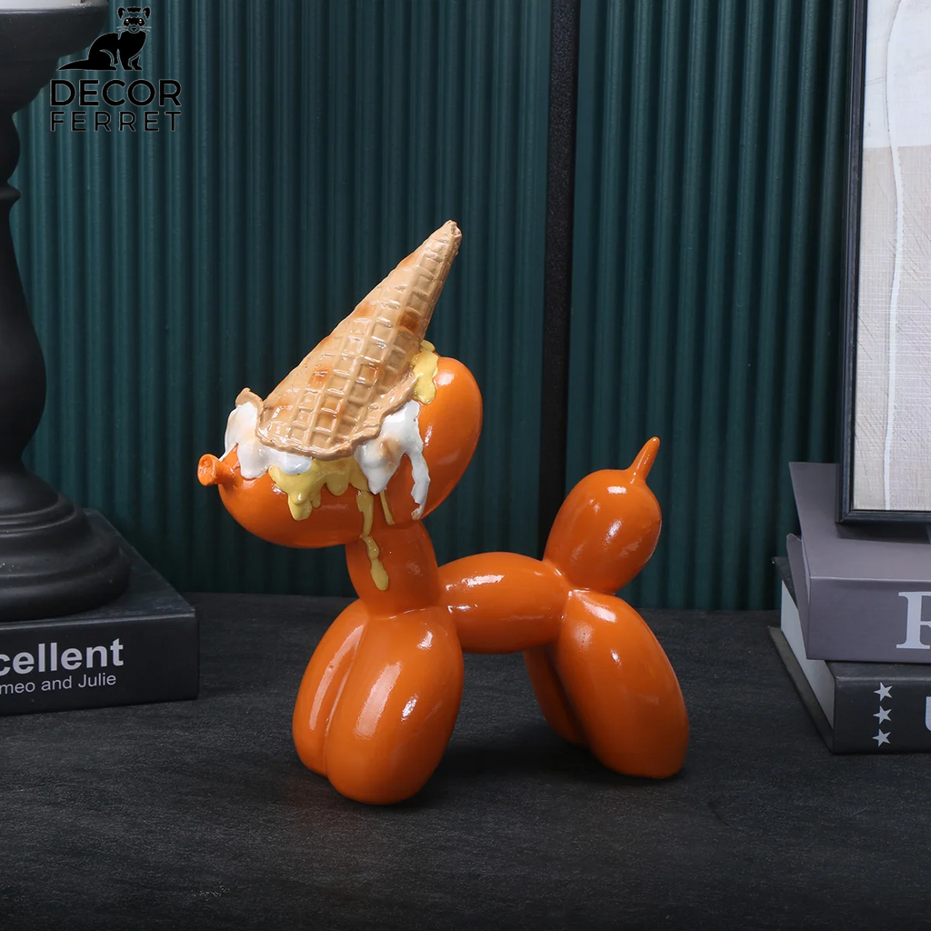 Balloon Dog Sculpture with Icecream Cone & Cake Design, Creative Bull Statue for Home Decor
