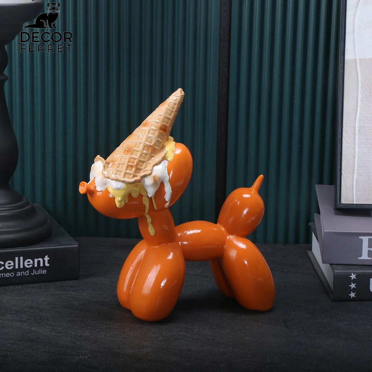Balloon Dog Sculpture with Icecream Cone & Cake Design, Creative Bull Statue for Home Decor